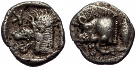 Mysia, Cyzicus, AR obol (Silver, 9,6 mm, 0,78 g), ca. 475-450 BC.
Obv: Forepart of boar left, behind, tunny. 
Rev: K (retrograde), head of lion left, ...