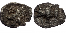 Mysia, Cyzicus, AR hemiobol (Silver, 10,0 mm, 0,30 g), 5th century BC.
Obv: Forepart of boar left, tunny upward behind. 
Rev: Head of roaring lion lef...