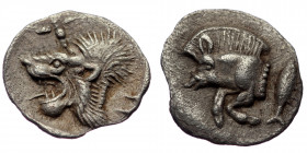Mysia, Cyzicus, AR hemiobol (Silver, 10,2 mm, 0,39 g), 5th century BC.
Obv: Forepart of boar left, tunny upward behind. 
Rev: Head of roaring lion lef...