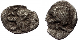 Mysia, Cyzicus, AR hemiobol (Silver, 9,8 mm, 0,31 g), 5th century BC.
Obv: Forepart of boar left, tunny upward behind. 
Rev: Head of roaring lion left...