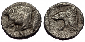 Mysia, Cyzicus, AR obol (Silver, 8,1 mm, 0,50 g), ca. 450-400 BC.
Obv: forepart of boar left, tunny behind. 
Rev: roaring lions head left. 
Ref: SNG P...