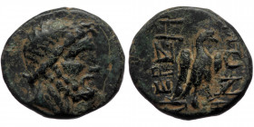 Phrygia, Eriza, AE (bronze, 6,32 g, 18 mm) 200-10 BC
Obv: Bearded head of Zeus or Poseidon right, hair in a taenia
Rev: EΡIZHNΩN, eagle standing right...
