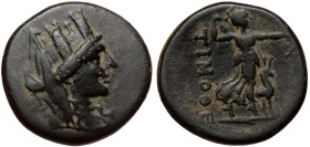 Phrygia. Akmoneia. AE (Bronze, 4.53g, 18mm) 1st century BC, Timotheos Menela, magistrate.
Obv: Turreted, veiled and draped bust of Tyche right.
Rev:...