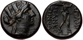 Phrygia. Apameia AE (Bronze, 15mm, 4.32g) 2nd-1st century BC. Pankr..., son of Zenodoros, magistrate.
Obv: Turreted and draped bust of Artemis to rig...