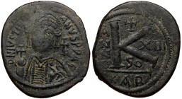 Justinian I (527-565) AE Half Follis or 20 Nummi (Bronze, 12.66g, 31mm) Carthago
Obv: D N IVSTINIANVS P P AVG, helmeted and cuirassed bust facing, ho...