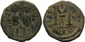 Justin II with Sophia (565-578) Æ Follis (Bronze, 30mm, 12.92g) Nicomedia, Dated RY 6 (AD 570/1). 
Obv: Justin, holding globus cruciger, and Sophia, h...
