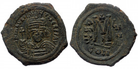 Maurice Tiberius (582-602) AE Follis (Bronze, 30mm, 12.47) Constantinople, 2nd officina. Dated RY 8 (589/90). 
Obv: Helmeted, draped, and cuirassed bu...