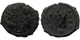 Phocas (602-610) AE Half Follis (Bronze, 21mm, 5.34g) Theoupolis (Antioch), Dated RY 3 (AD 604/5). 
Obv: Phocas and Leontia standing facing; cross abo...