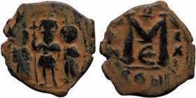 Heraclius (610-641) Æ Follis (Bronze, 5.71g, 23mm) Constantinople, Year 21
Obv: Heraclius, Heraclius Constantine, and Martina, all standing facing, ea...