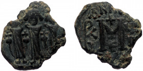 Heraclius, Heraclius Constantine and Heraclonas (610-641 ) AE follis (Bronze, 4.42g, 20mm) Constantinople (?)
Obv: Heraclius, crowned (with pendilia),...