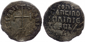 Constantine IV Pogonatus, and IRENE (780-797) AR Miliaresion (Silver, 21mm, 1.75g) 
Obv: IhSUS XRIS-TUS nICA, cross potent on three steps 
Ref: COnS/T...