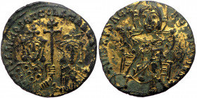 Basilius I 'the Macedonian', with Constantine (867-886) AV (solidus,2,52 g, 19 mm) AD 871-886, Constantinopolis
Obv: Christ, nimbate, seated facing on...