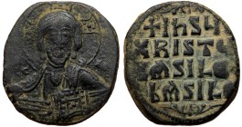 Basil II (976-1025) Æ Anonymous Follis (Bronze, 11.61g, 28mm). Constantinople
Obv: +EMMA NOVHL, IC XC across fields, facing bust of Christ, nimbate, ...