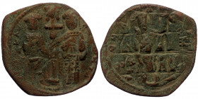 Constantine X Ducas (1059-1067) with Eudocia AE Follis (Bronze, 26mm, 5.93g) Constantinople (overstruck) 
Obv: + EMMANOVHΛ / IC XC - Nimbate Christ st...