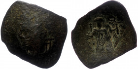 Isaac Comnenus (?), usurper in Cyprus (1184–1191) BL trachy, 
Obv: The Virgin, nimbate, seated facing 
Rev. KO / M / N …, Isaac (?) standing facing, w...