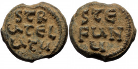 Stephanos Strategos (?) lead seal (Lead, 8.21g, 21mm) 
STE / FAN / U in three lines within dotted border 
STR / ATEG / ATU in three lines within circu...