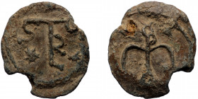 Unreaserched lead seal (Lead, 5.16g, 22mm)
Obv: monogram within linear border
Obv: monogram within wreath. Star in lef t and right field. All within l...