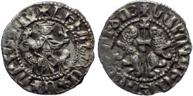 Cilician Armenia. Levon I AR Tram (Silver, 2,79g, 23mm) Sis mint, AD 1199-1219. 
Obv: "Levon, king of the Armenians" in Armenian script, Levon seated ...