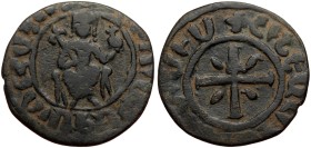 Cilician Armenia, Hetoum I (1226-1270) Æ Tank (Bronzem 6.60g, 28mm). Sis mint.
Obv: Hetoum seated facing on throne adorned with lions, holding lis-ti...
