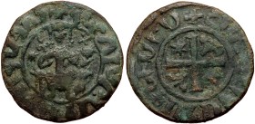 Cilician Armenia, Hetoum I (1226-1270) Æ Tank (Bronzem 7.04g, 29mm). Sis mint.
Obv: Hetoum seated facing on throne adorned with lions, holding lis-ti...
