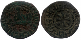 Cilician Armenia, Hetoum I (1226-1270) AE tank (Bronze, 25mm, 3.71g) Sis mint. 
Obv: Hetoum seated facing on bench, holding lis-tipped scepter and glo...