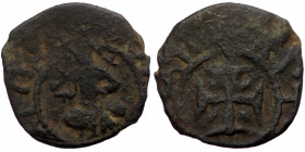 Cilician Armenia, Levon III (1301-1307) AE kardez (Bronze, 2.77g, 19mm) 
Obv: Levon seated facing on throne decorated with lions, holding cross and st...