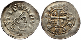 Bistum Metz, Münzstätte Metz , Adalbero ? (10-12 c.) AR denier (silver, 0,84 g, 16 mm)
Obv: S STEPHANVS Diademed head of St. Stepahnus right
Rev: ADLE...