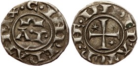 Sicily, Henry VI and Constance (1194-1196) AR Denaro (Silver, 0.71g, 17mm) Brindisi.
Obv: + HE INPERATOR, Cross potent, two stars in field
Rev: + C ...