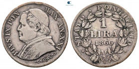 Italy. Papal State, Vatikan. Pius IX AD 1846-1878. 1 Lira AR
