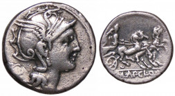 WAHRROMANE REPUBBLICANE - MALLIA - T. Mallius Mancinus, ap. Claudius Pulcher e Q. Urbinus (110-110 a.C.) - Denario B. 2; Cr. 299/1b (AG g. 3,86)T MAL ...
