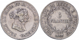 WAHRZECCHE ITALIANE - LUCCA - Elisa Bonaparte e Felice Baciocchi (1805-1814) - 5 Franchi 1805 Mont. 431 e seg. R AG Busti piccoli Colpetto
 Busti pic...