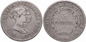 WAHRZECCHE ITALIANE - LUCCA - Elisa Bonaparte e Felice Baciocchi (1805-1814) - 5 Franchi 1808 Busti grandi Pag. 254a; Mont. 439 R AG
 

qBB/BB