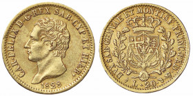 WAHRSAVOIA - Carlo Felice (1821-1831) - 20 Lire 1828 T (L) Pag. 56; Mont. 41 AU Colpetto
 Colpetto

BB+