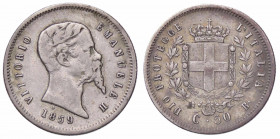 WAHRSAVOIA - Vittorio Emanuele II Re eletto (1859-1861) - 50 Centesimi 1859 B Pag. 442; Mont. 111 R AG Segno al ciglio
 Segno al ciglio

qBB