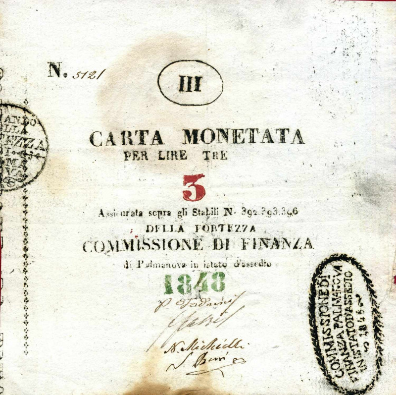 WAHRCARTAMONETA - LOMBARDO-VENETO - Assedio di Palmanova (1848) - 3 Lire 1848 Ga...