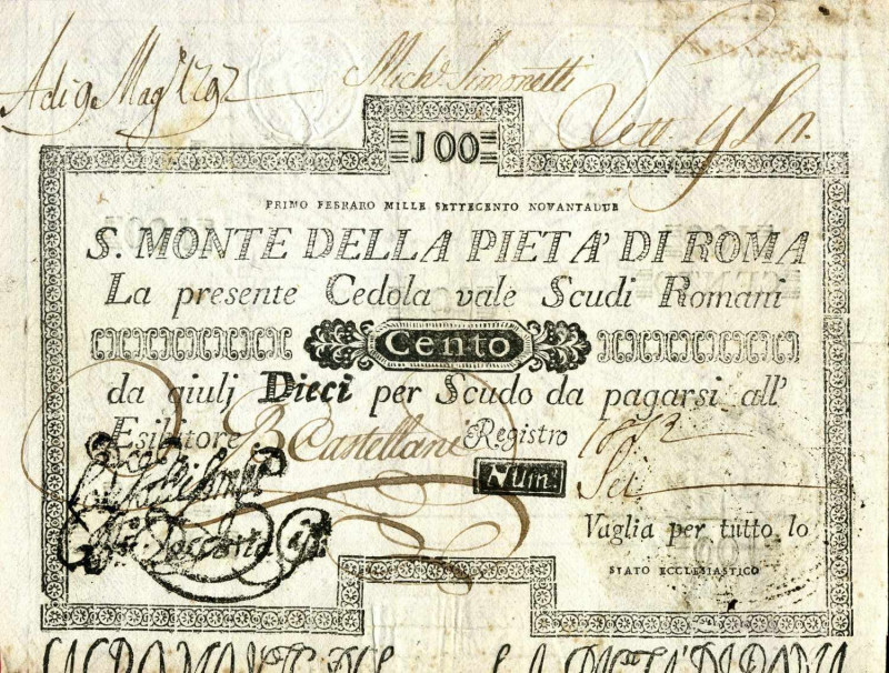 WAHRCARTAMONETA - STATO PONTIFICIO - Sacro Monte della Pietà di Roma (1785-1797)...