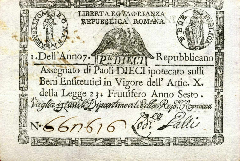 WAHRCARTAMONETA - STATO PONTIFICIO - Repubblica Romana Assegnati (1798) - 10 Pao...
