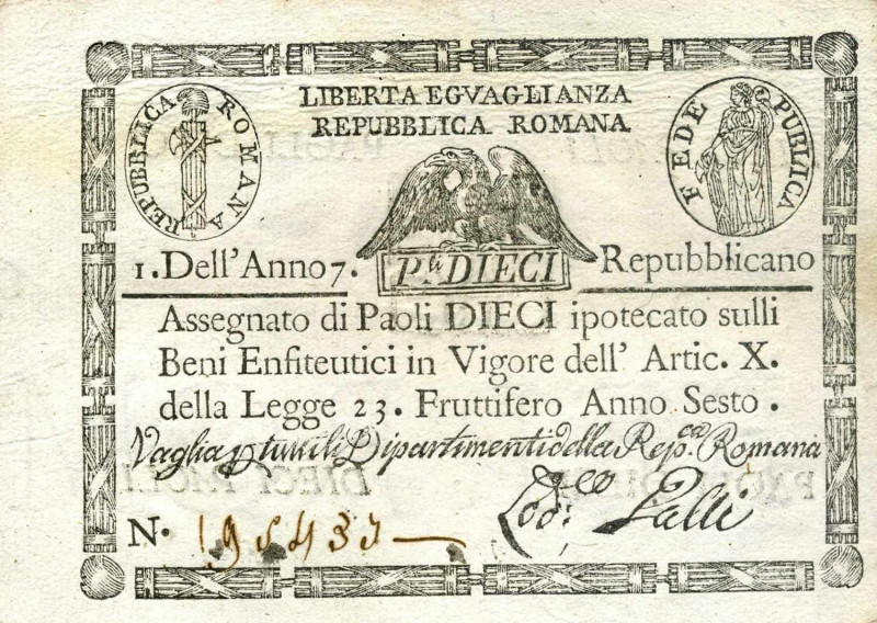 WAHRCARTAMONETA - STATO PONTIFICIO - Repubblica Romana Assegnati (1798) - 10 Pao...