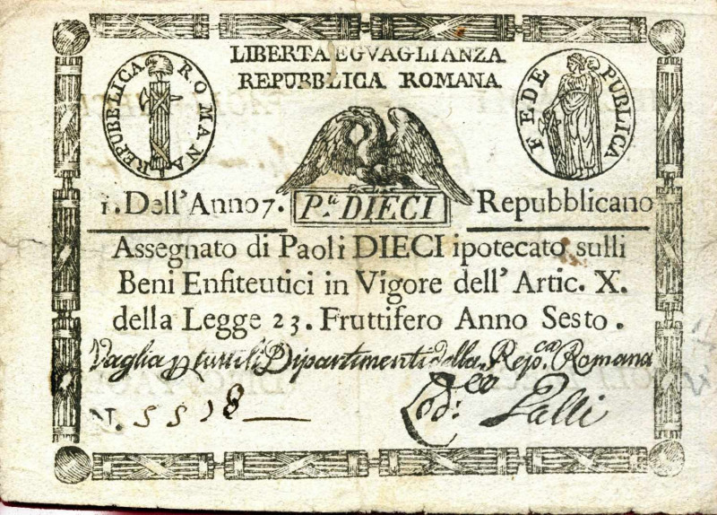 WAHRCARTAMONETA - STATO PONTIFICIO - Repubblica Romana Assegnati (1798) - 10 Pao...