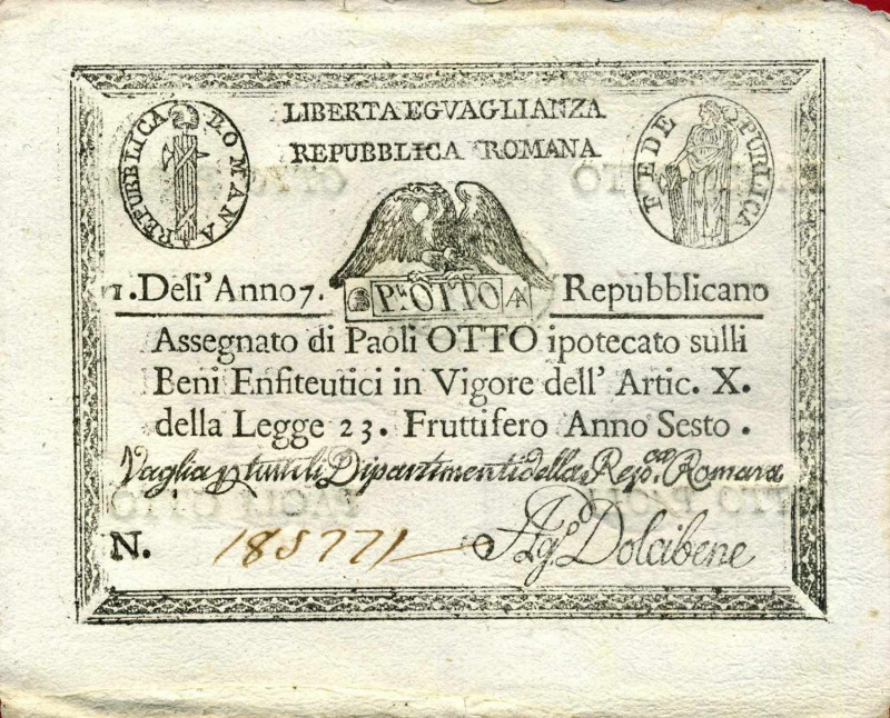 WAHRCARTAMONETA - STATO PONTIFICIO - Repubblica Romana Assegnati (1798) - 8 Paol...