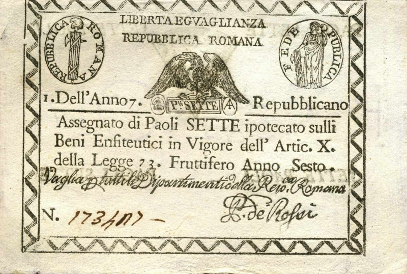 WAHRCARTAMONETA - STATO PONTIFICIO - Repubblica Romana Assegnati (1798) - 7 Paol...