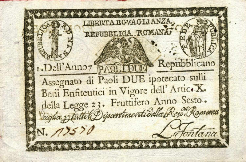 WAHRCARTAMONETA - STATO PONTIFICIO - Repubblica Romana Assegnati (1798) - 2 Paol...