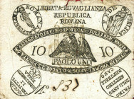 WAHRCARTAMONETA - STATO PONTIFICIO - Repubblica Romana Assegnati (1798) - 10 Baiocchi Anno 7 Gav. 61 RRR Barili Lievi mancanze
 Barili - Lievi mancan...