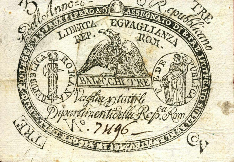 WAHRCARTAMONETA - STATO PONTIFICIO - Repubblica Romana Assegnati (1798) - 3 Baio...