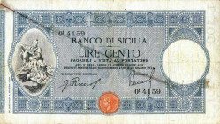 WAHRCARTAMONETA - SICILIA - Banco di Sicilia - Biglietti al portatore (1866-1867) - 100 Lire 22/06/1915 Gav. 287 Riccio/Barresi Lungo strappo ricompos...