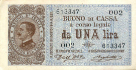 WAHRCARTAMONETA - BUONI DI CASSA - Vittorio Emanuele III (1900-1943) - Lira 18/08/1914 - Serie 1-40 Alfa 10; Lireuro 3A Dell'Ara/Righetti Piega vertic...