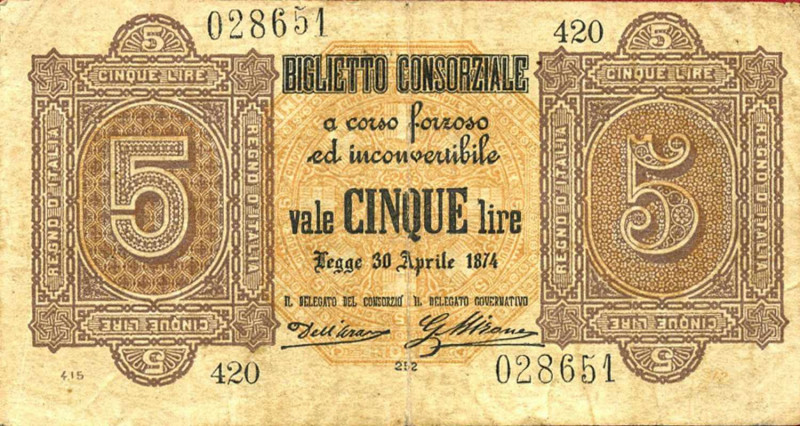 WAHRCARTAMONETA - CONSORZIALI - Biglietti Consorziali - 5 Lire 30/04/1874 Gav. 4...