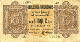WAHRCARTAMONETA - CONSORZIALI - Biglietti Consorziali - 5 Lire 30/04/1874 Gav. 4 Dell'Ara/Mirone
 Dell'Ara/Mirone - 

BB