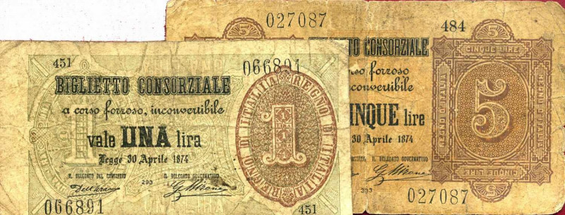 WAHRCARTAMONETA - CONSORZIALI - Biglietti Consorziali - 5 Lire 30/04/1874 Gav. 4...