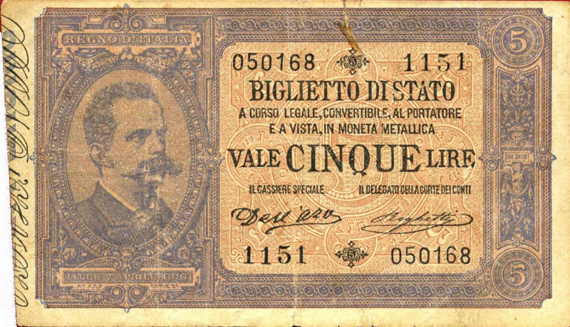 WAHRCARTAMONETA - BIGLIETTI DI STATO - Umberto I (1878-1900) - 5 Lire 25/10/1892...
